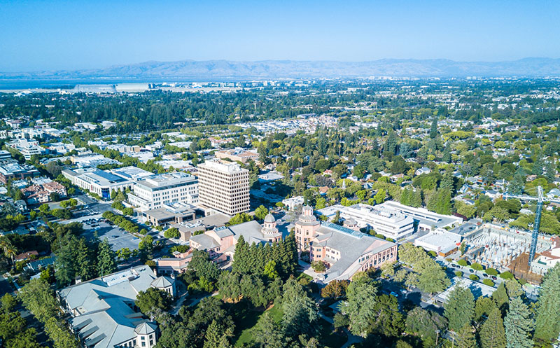 A drone view of downtown Mountain View in California